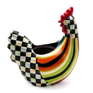 MACKENZIE-CHILDS Avant Garden Chicken Stripe Checks Planter Pop of Color NEW